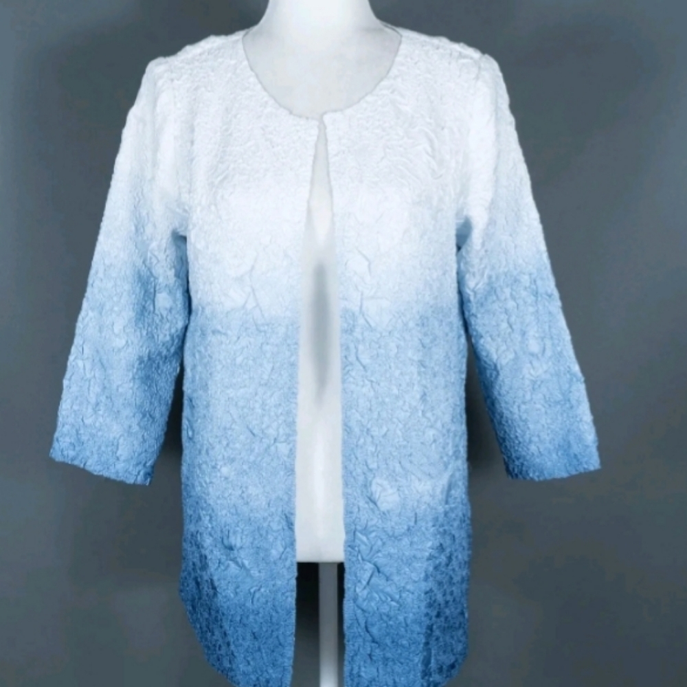 Chico's Traveler's Wave Blue White Ombre Crushed Fabric Open Jacket Size XL 16